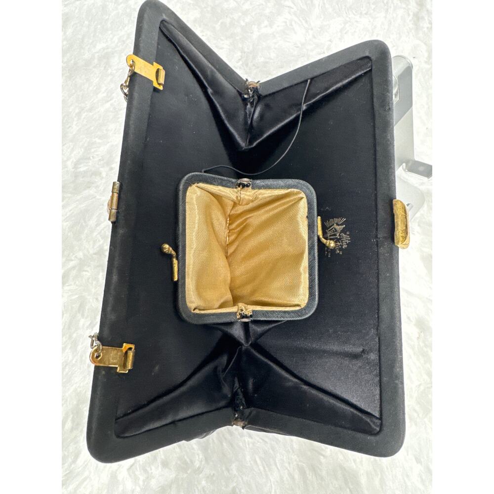 1950s After Five Black Satin Evening Clutch Rhinestone Clasp Coin Purse USA - Picture 8 of 12